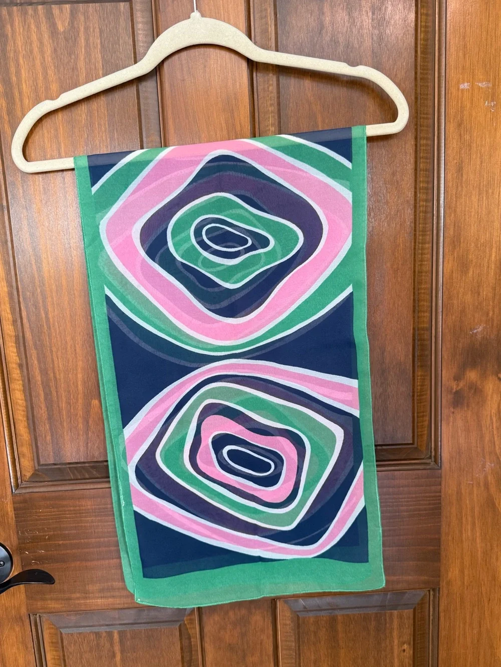 Geometric Pattern Silk-Feel Scarf in Green, Navy & Pink